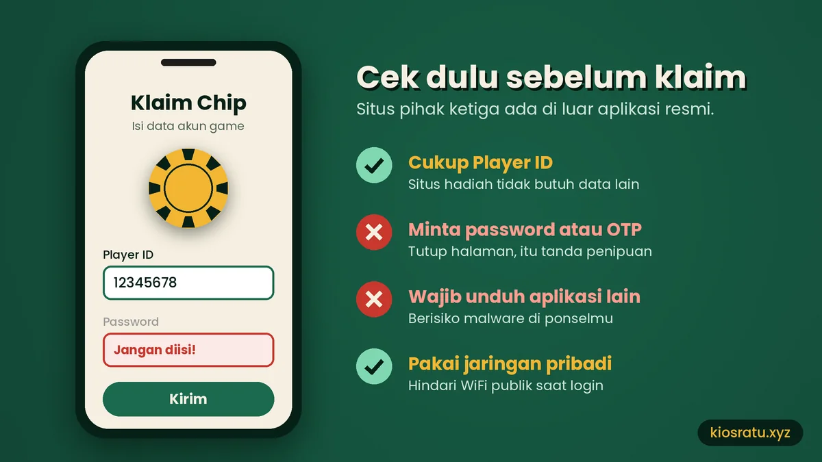 Ilustrasi klaim chip domino gratis: cukup Player ID, jangan isi password
